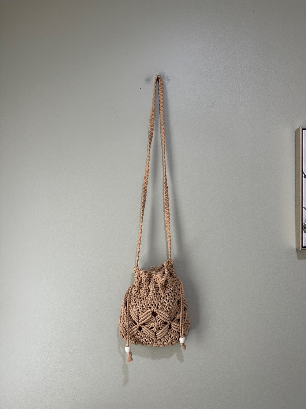 🎆Source Unknown Tan Macramé Drawstring Crossbody Bag